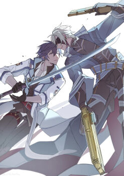 Rule 34 | 2boys, azitsukeniku, black bodysuit, black gloves, black pants, blue hair, blue jacket, bodysuit, coat, collarbone, crow armbrust, dual wielding, eiyuu densetsu, eye mask, gloves, grin, gun, hair between eyes, handgun, highres, holding, holding gun, holding sword, holding weapon, jacket, katana, long sleeves, male focus, mask, multiple boys, open clothes, open jacket, pants, rean schwarzer, sen no kiseki (series), sen no kiseki i, short hair, sketch, smile, spoilers, sword, weapon, white background, white coat, white hair, yellow eyes