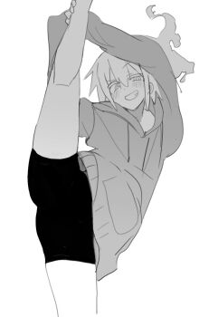 1girl greyscale hood hoodie konro_kon monochrome original shorts smile solo split standing standing_on_one_leg standing_split