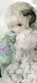 Rule 34 | 1girl, brown eyes, dress, expressionless, female focus, frills, from behind, gradient background, horns, looking back, original, pale color, pale skin, puffy sleeves, sketch, solo, uturo, white dress, white hair
