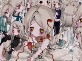 1girl 8874ff asymmetrical_clothes bags_under_eyes black_pants black_shirt blonde_hair blue_bow blue_bowtie blue_flower blue_shirt blush border bow bowtie braid campus_mode!!_(idolmaster) character_name chibigurumi closed_mouth commentary_request contrast_(idolmaster) corsage cropped_shirt crown_braid dress earrings flipped_hair flower from_behind from_side gakuen_idolmaster gradient_hair green_dress green_jacket green_shorts green_track_suit grey_hair grey_shirt hair_ornament hair_ribbon hairclip hajime_(idolmaster) happy_birthday highres holding holding_microphone idolmaster inset_border jacket jewelry koukei_(idolmaster) long_hair long_sleeves looking_ahead looking_at_viewer microphone multicolored_hair multicolored_jacket multiple_views orange_eyes outstretched_arm pants parallel_hairclips parted_bangs profile red_flower red_ribbon ribbon ribbon_braid shinosawa_hiro shirt shorts single_braid stud_earrings sunfaded_(idolmaster) sweat track_jacket track_suit white_border white_dress white_jacket x_hair_ornament yellow_flower