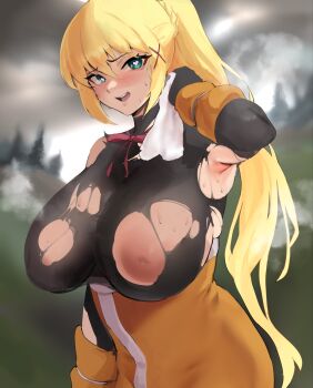 1girl armpits black_bodysuit blonde_hair blue_eyes blush bodysuit breasts darkness_(konosuba) hair_ornament heart heart-shaped_pupils highres inverted_nipples kono_subarashii_sekai_ni_shukufuku_wo! large_breasts long_hair nipple_slip nipples open_mouth ponytail symbol-shaped_pupils torn_bodysuit torn_clothes x_hair_ornament yotamono