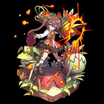 1girl black_background black_skirt blush boots breasts brown_hair closed_mouth collared_shirt fence firing flower full_body grey_boots hair_between_eyes hair_flower hair_ornament highres holding_cannon ivy leaf long_hair merc_storia merc_storia_art_team miniskirt official_art outstretched_arm plant pleated_skirt purple_eyes shirt simple_background skirt sleeveless sleeveless_jacket small_breasts smile socks solo standing tachi-e thigh_strap tionia_(merc_storia) twintails white_shirt white_socks wooden_fence