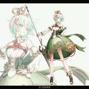 1girl animated animated_gif ankle_boots ascot back_bow black_boots blinking boots bow braid cecilia_immergreen cecilia_immergreen_(1st_costume) colored_inner_hair commentary commentary_request copyright_notice corset cross-laced_clothes cross-laced_corset detached_collar detached_sleeves doll doll_joints double-parted_bangs english_commentary floating_hair full_body gears gold_trim green_corset green_eyes green_hair green_skirt grey_hair hair_ornament hand_on_own_hip high-low_skirt high_heel_boots high_heels highres holding holding_polearm holding_weapon hololive hololive_english joints lance large_bow long_sleeves miniskirt mixed-language_commentary multicolored_hair nakauma official_art open-toe_boots polearm puffy_long_sleeves puffy_sleeves red_ascot romper see-through_clothes see-through_skirt short_hair side_braid simple_background single_braid skirt standing strapless_romper streaked_hair underbust virtual_youtuber weapon white_background white_romper white_sleeves winding_key zoom_layer