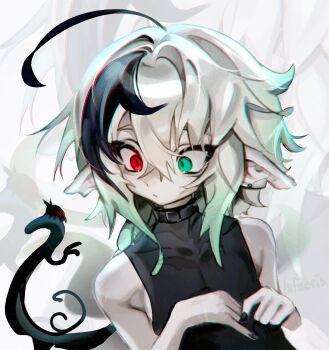 1boy ahoge aqua_eyes black_shirt black_streaks closed_mouth cloud_(lufaeris) covered_collarbone fidgeting gradient_hair grey_hair hair_between_eyes heterochromia highres huge_ahoge looking_down male_focus multicolored_hair original own_hands_together pale_skin pointy_ears red_eyes shirt sleeveless sleeveless_shirt slit_pupils solo streaked_hair tight_clothes tight_shirt upper_body white_background