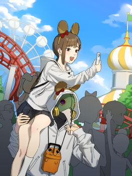 absurdres b1026 chainsaw_man hair_ornament hairclip higashiyama_kobeni highres jacket mole mole_on_cheek mole_under_eye mole_under_mouth multiple_moles plague_doctor_mask pochita_(chainsaw_man) ponytail short_ponytail single_sidelock violence_fiend_(chainsaw_man)