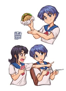 2girls amakazari_eri backpack bag black_hair blue_eyes blue_hair blue_sailor_collar brown_bag brown_eyes burger city_(arawi_keiichi) commentary cropped_torso english_commentary food holding holding_burger holding_food makabe_matsuri multiple_girls neckerchief open_mouth pointing pointing_forward red_neckerchief sailor_collar scene_reference school_uniform serafuku shirt short_hair short_sleeves signature simple_background subzerofrog white_background white_shirt