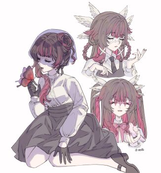 1girl alternate_costume alternate_hairstyle animal artist_name bird black_bow black_gloves black_hair black_necktie black_shoes black_skirt bow bowtie braid braided_hair_rings bug butterfly collared_shirt columbina_(genshin_impact) feathered_wings genshin_impact gloves hair_bow hair_ribbon hair_rings hashtag-only_commentary head_wings high_heels highres holding holding_animal holding_bird insect liuyun_(liuyun73492) long_sleeves multicolored_hair multiple_views nail_polish necktie open_mouth pink_bow pink_bowtie pink_hair pink_nails ribbon shirt shoes simple_background skirt smile twintails two-tone_hair white_ribbon white_shirt white_wings wings