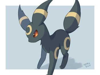 Rule 34 | animal focus, blue background, border, commentary, english commentary, gen 2 pokemon, highres, karaneko, nintendo, no humans, outside border, pokemon, pokemon (creature), pokemon focus, red eyes, shadow, signature, solo, standing, symbol-only commentary, umbreon, white border