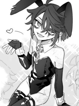 1boy 9csgi :d androgynous animal_ear_piercing animal_ears bruise bruised_eye chain collar crossdressing crossdressing_(mtf) detached_collar detached_sleeves fang greyscale hair_between_eyes half-closed_eye heart identity_v injury legwear_garter looking_at_viewer looking_up luca_balsa male_focus male_playboy_bunny metal_collar monochrome open_mouth ponytail protected_link rabbit_ears scar scar_on_leg scar_on_shoulder short_ponytail skin_fang smile solo thighhighs