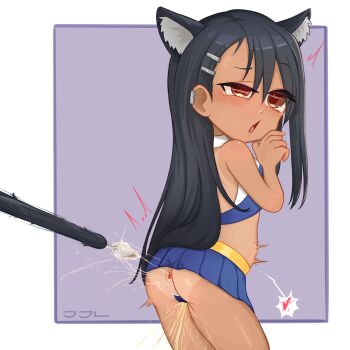 1girl aged_down anal anal_object_insertion animal_ears anus artist_logo ass backless_shirt black_hair blue_panties blue_shirt blue_skirt brown_eyes cat_ears cat_tail clothing_aside cowboy_shot dark-skinned_female dark_skin ear_piercing eyelashes fake_animal_ears fake_tail female_ejaculation female_focus female_orgasm from_behind half-closed_eye hand_up ijiranaide_nagatoro-san logo loli long_hair looking_afar miniskirt nagatoro_hayase object_insertion official_alternate_costume open_mouth orgasm oscarlllll panties panties_aside pee peeing piercing purple_background shirt simple_background skirt solo standing tail tears torogao two-tone_background two-tone_shirt underwear variant_set white_background white_shirt