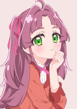 Rule 34 | 1girl, ahoge, commentary request, dress shirt, green eyes, grey background, hair intakes, hair ribbon, hand on own chin, highres, jacket, kobayashi mikuru, long hair, long sleeves, looking at viewer, meitantei precure!, mini koala, neck ribbon, parted lips, pink ribbon, precure, purple hair, red jacket, ribbon, shirt, solo, two side up, upper body, white shirt