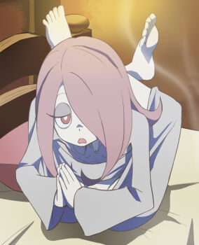 10s 1girl barefoot bed breasts cleavage contortion d: feet female_focus female_pubic_hair flexible full_body hair_over_one_eye haruyama_kazunori headboard little_witch_academia long_hair nightgown no_panties open_mouth own_hands_together pillow pubic_hair red_eyes smoke solo sucy_manbavaran toes yoga