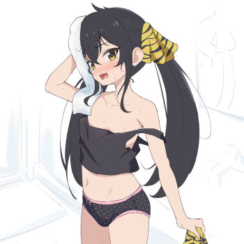 1girl absurdres black_camisole black_hair black_panties blush bow bow_panties breasts camisole collarbone commentary cowboy_shot drying drying_hair drying_own_hair highres holding holding_towel idolmaster idolmaster_cinderella_girls long_hair looking_at_viewer matoba_risa miso_(misomiso_154) navel no_pants open_mouth panties polka_dot polka_dot_panties small_breasts solo towel twintails underwear yellow_eyes