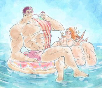 2boys abs arm_tattoo artist_request bara charlotte_katakuri couple double_v faux_traditional_media fins heart heart-shaped_eyewear highres huge_pectorals innertube looking_at_viewer male_focus maren_(mewtides) multiple_boys muscular muscular_male nipples on_innertube one_piece original second-party_source short_hair shorts smile smug sparkle stitches strongman_waist sunglasses swim_ring tattoo topless_male v yaoi
