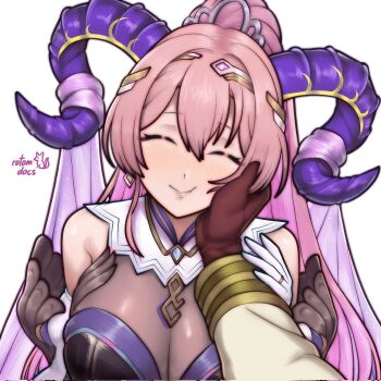 1boy 1girl bare_shoulders blush breasts circlet cleavage closed_eyes closed_mouth curled_horns dress fire_emblem fire_emblem_heroes gloves goat_horns gold_circlet hair_between_eyes hair_ornament hand_on_another&#039;s_cheek hand_on_another&#039;s_face highres horns kiran_(fire_emblem) large_breasts large_horns long_hair nerthuz_(fire_emblem) nintendo pink_hair ponytail purple_horns robe rotomdocs see-through_cleavage see-through_clothes simple_background smile solo_focus upper_body very_long_hair white_background white_robe