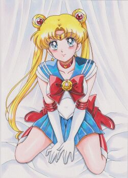 1girl absurdres bishoujo_senshi_sailor_moon bishoujo_senshi_sailor_moon_(first_season) blonde_hair blue_eyes blue_sailor_collar bow chikoto_(kztc4472) choker collarbone commentary crescent crescent_choker crescent_earrings double_bun earrings elbow_gloves gloves hair_bun hair_ornament heart heart_choker highres jewelry long_hair magical_girl parted_bangs red_bow red_choker sailor_collar sailor_moon sailor_senshi_uniform sitting skirt solo star_(symbol) star_earrings traditional_media transformation_brooch_(sailor_moon) tsukino_usagi twintails very_long_hair wariza white_gloves
