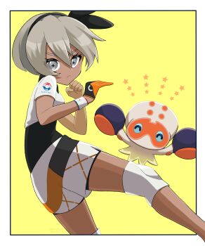 1girl ^_^ absurdres bea_(pokemon) black_hairband border clenched_hand clobbopus closed_eyes closed_mouth commentary_request dark-skinned_female dark_skin dynamax_band ebiura_akane eyelashes gen_8_pokemon gloves grey_eyes grey_hair hairband highres knee_pads nintendo pokemon pokemon_(creature) pokemon_swsh shirt short_hair short_sleeves shorts simple_background single_glove star_(symbol) white_border white_shorts yellow_background
