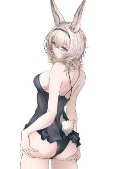 1girl absurdres animal_ears arknights arknights:_endfield ass avywenna_(arknights) bare_arms bare_shoulders black_hairband black_one-piece_swimsuit blonde_hair blush breasts casual_one-piece_swimsuit clothing_cutout commentary_request cowboy_shot hairband highres looking_at_viewer looking_back mariko_y7 medium_breasts medium_hair one-piece_swimsuit rabbit_ears rabbit_girl rabbit_tail sideboob simple_background solo swimsuit tail tail_through_clothes white_background