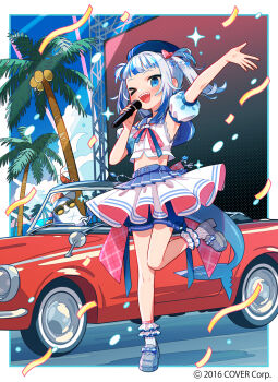 &gt;_o 1girl :d alternate_costume arm_up belt beret bloop_(gawr_gura) blue_belt blue_eyes blue_hair blue_hat blue_sailor_collar blue_shorts blue_sky blunt_bangs border bow car cloud coconut_tree commentary_request confetti convertible copyright_notice cropped_shirt day detached_sleeves ebi-chan_(gawr_gura) fins fish_tail footwear_bow frilled_socks frills gawr_gura grey_hair grey_shoes hair_bow hat highres holding holding_microphone hololive hololive_english light_rays loafers looking_at_viewer medium_hair microphone midriff miniskirt motor_vehicle multicolored_hair music neckerchief ocean official_art one_eye_closed open_mouth outdoors palm_tree pink_skirt pleated_skirt puffy_short_sleeves puffy_shorts puffy_sleeves red_car red_neckerchief sailor_collar screen shark_girl shark_tail sharp_teeth shirt shoes short_shorts short_sleeves shorts shorts_under_skirt singing skirt sky smile socks solo standing standing_on_one_leg streaked_hair tail teeth tree twintails two-sided_fabric two-sided_skirt two_side_up uchako virtual_youtuber white_border white_shirt white_skirt white_socks