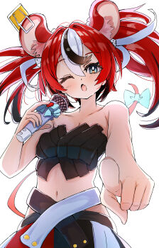 1girl :o ;o absurdres animal_ear_fluff animal_ears aqua_bow aqua_eyes bare_shoulders black_hair blush bow breasts cleavage commentary_request dice_hair_ornament eyelashes fang foreshortening hair_between_eyes hair_intakes hair_ornament hair_ribbon hakos_baelz highres holding holding_microphone hololive hololive_english long_hair microphone midriff mixed-language_commentary mouse_ears mouse_girl mouse_tail multicolored_hair navel one_eye_closed open_mouth pointing pointing_at_viewer red_hair ribbon simple_background skin_fang solo tail tail_bow tail_ornament twintails uduki2025 virtual_youtuber white_background white_hair white_ribbon