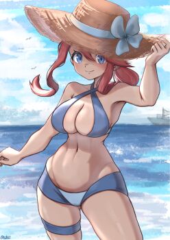 1girl bare_shoulders bikini bird blue_bikini blue_eyes blue_sky breasts cleavage commentary_request hat highres large_breasts looking_at_viewer mochitaro_(mothitaroo) navel nintendo ocean outdoors pokemon pokemon_black_and_white red_hair short_hair_with_long_locks sidelocks sky skyla_(pokemon) smile solo stomach straw_hat sun_hat swimsuit thigh_strap water