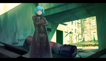 Rule 34 | 1girl, 3d background, abandoned, absurdres, architecture, black bodysuit, black coat, black gloves, blue eyes, blue hair, blurry, bodysuit, bodysuit under clothes, buttons, closed mouth, coat, commentary, commission, concrete, crossed arms, depth of field, english commentary, feet out of frame, frown, gloves, hair ornament, hairclip, highres, industrial pipe, letterboxed, looking at viewer, lower lip only, marie (peripeteia), mixed media, open clothes, open coat, outdoors, peripeteia, popped collar, raised eyebrows, samsam s2s, short hair, solo, standing, trench coat, triangle button, twitter username, wide shot