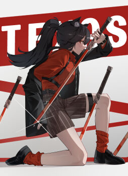 1girl absurdres animal_ear_fluff animal_ears arknights arm_up black_hair black_jacket black_shoes blush brown_shorts character_name closed_mouth collared_shirt dalgogi_(moonfish_1302) fingernails from_side full_body glint highres holding holding_sword holding_weapon jacket kneehighs long_hair long_sleeves looking_at_viewer loose_socks off_shoulder official_alternate_costume on_one_knee ponytail profile red_eyes red_shirt red_socks ribbed_socks shirt shoes shorts sideways_glance socks solo strap striped_clothes striped_shorts sword texas_(arknights) texas_(willpower)_(arknights) vertical-striped_clothes vertical-striped_shorts weapon wolf_ears wolf_girl