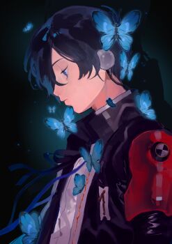 Rule 34 | 1boy, achai dong, armband, black background, black jacket, blue butterfly, blue eyes, blue hair, blue ribbon, bug, butterfly, closed mouth, dark blue hair, from side, gekkoukan high school uniform, glowing butterfly, hair between eyes, headphones, highres, insect, jacket, lips, looking down, male focus, neck ribbon, persona, persona 3, persona 3 reload, popped collar, profile, red armband, ribbon, school uniform, shirt, short hair, solo, white shirt, yuuki makoto (persona 3)