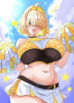 1girl absurdres bare_shoulders blonde_hair breasts cheerleader cloud commentary elegg_(nikke) english_commentary goddess_of_victory:_nikke hair_over_one_eye heart highres large_breasts looking_at_viewer mrrollingcircle navel open_mouth pom_pom_(cheerleading) purple_eyes short_hair smile solo star_(symbol) sunlight