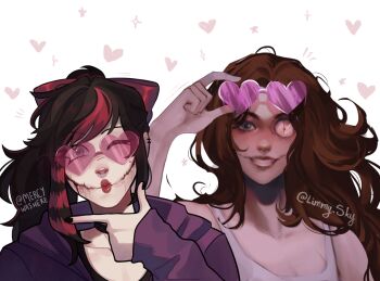 2girls :d adjusting_eyewear arm_at_side arm_up artist_collaboration bare_arms bare_shoulders black_choker black_hair black_shirt bow breasts brown_hair choker cleavage clockwork_(creepypasta) commentary creepypasta english_commentary eyewear_on_head glasgow_smile grey_eyes grin hair_bow hand_up heart heart-shaped_eyewear heart_background high_ponytail highres hood hood_down hoodie index_finger_raised instagram_username limmysky lips long_hair long_sleeves mercywashere multicolored_hair multiple_girls nina_the_killer one_eye_closed open_mouth pink-tinted_eyewear ponytail portrait pout puffy_long_sleeves puffy_sleeves purple_hoodie raccoon_tails_(hairstyle) red_bow red_hair red_lips shirt sidelocks simple_background sleeves_past_wrists smile sparkle star_(symbol) streaked_hair sunglasses swept_bangs tank_top tinted_eyewear two-tone_hair watch wavy_hair white_background white_tank_top