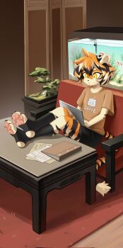 1girl animal_ears animal_hands aquarium arknights black_shorts black_socks bonsai brown_shorts claws closed_mouth computer couch crossed_legs full_body furry furry_female highres jaye_(arknights) lance81328215 laptop orange_eyes orange_hair print_shirt shirt short_hair short_sleeves shorts sitting socks soles solo stirrup_legwear t-shirt table tail tiger_ears tiger_girl tiger_tail toeless_legwear waai_fu_(arknights)