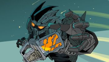 Rule 34 | 1boy, armor, black bodysuit, black hair, bodysuit, bone armor, dangerous zombie level x, foreshortening, gashat, highres, ichitaka (1015ichitaka), kamen rider, kamen rider ex-aid (series), kamen rider genm, male focus, multicolored hair, orange eyes, rider gashat, upper body, villain pose, white armor, white hair, zombie