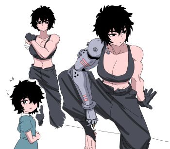 2girls abs age_difference age_progression amputee arm_on_knee bare_shoulders biceps black_eyes black_gloves black_hair black_pants black_shirt black_tank_top blue_shirt breasts cigarette crop_top cropped_shirt from_side gloves hand_on_own_shoulder highres holding holding_cigarette kindergarten_uniform large_breasts looking_at_viewer mechanical_arms midriff missing_limb multiple_girls muscular muscular_female nasu_(ilo_a5) navel original pants shirt short_hair single_mechanical_arm sitting sleeveless solo tank_top