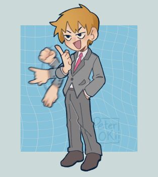 Rule 34 | >:), 1boy, :d, absurdres, afterimage, black eyes, blonde hair, brown shoes, buttoned cuffs, buttons, collared shirt, commentary, deformed, formal clothes, full body, grey jacket, grey pants, grey suit, hand in pocket, hand up, highres, jacket, male focus, mob psycho 100, motion blur, necktie, open mouth, pants, peterokii, pink necktie, reigen arataka, shirt, shoes, signature, simple background, smile, suit, v-shaped eyebrows