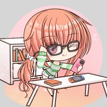 1girl ;q black-framed_eyewear blush bow casual chibi chibi_only closed_mouth commentary eyes_visible_through_hair full_body glasses green_sweater hair_between_eyes hair_bow hand_up holding holding_phone inaba_meguru indoors long_hair looking_at_viewer low_twintails miniskirt misu_t_(ccc) nintendo_switch official_alternate_costume official_alternate_hairstyle one_eye_closed orange_hair phone pink_background red_eyes sanoba_witch simple_background skirt smile solo standing striped_clothes striped_sweater sweater tongue tongue_out twintails white_bow white_skirt