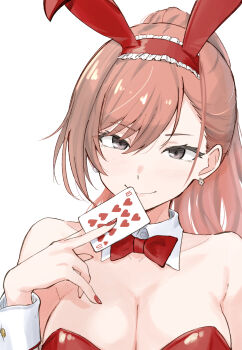 1girl animal_ear_hairband animal_ears arisugawa_natsuha bow bowtie breasts card cleavage closed_mouth collarbone commentary_request detached_sleeves earrings fake_animal_ears grey_eyes hairband heart highres idolmaster idolmaster_shiny_colors jewelry large_breasts leotard looking_at_viewer nail_polish orange_eyes playboy_bunny playing_card rabbit_ears red_bow red_bowtie red_hairband red_leotard red_nails solo strapless strapless_leotard ten_of_hearts unu_(unucence) upper_body white_wrist_cuffs wrist_cuffs