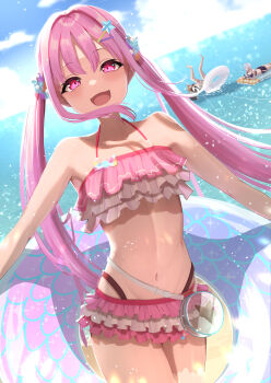 3girls absurdres beach commentary_request furune_emu heaven_burns_red highres innertube izumi_yuki_(heaven_burns_red) kayamori_ruka kunimi_tama looking_at_viewer multiple_girls pink_eyes pink_hair swim_ring swimsuit twintails