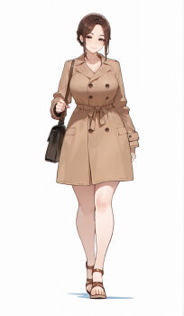 1girl bag bibita_(zee_s) breasts brown_eyes brown_hair closed_mouth coat full_body highres large_breasts looking_at_viewer original sandals shadow short_hair shoulder_bag simple_background smile solo trench_coat walking white_background