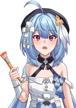 Rule 34 | 1girl, absurdres, ahoge, bare shoulders, beret, breasts, commentary request, dress, flower, griseo, griseo (starry impression), hair flower, hair ornament, hat, highres, holding, holding paintbrush, honkai (series), honkai impact 3rd, korean commentary, long hair, looking at viewer, open mouth, paintbrush, purple eyes, pyeong il, simple background, small breasts, solo, very long hair, white background, white dress