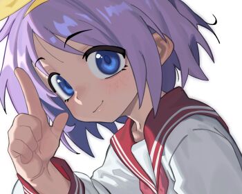 1girl blue_eyes closed_mouth hairband hand_up hashtag-only_commentary highres hiiragi_tsukasa index_finger_raised light_blush linnees_waos long_sleeves looking_at_viewer lucky_star purple_hair red_sailor_collar ryouou_school_uniform sailor_collar sailor_shirt school_uniform serafuku shirt short_hair simple_background smile solo white_background white_shirt yellow_hairband