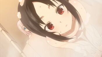 2girls animated animated_gif anime_screenshot black_hair blue_eyes convenient_censoring fujiwara_chika kaguya-sama_wa_kokurasetai_~tensai-tachi_no_renai_zunousen~ looking_at_viewer multiple_girls pink_hair red_eyes shinomiya_kaguya shiny_skin soap_bubbles wet