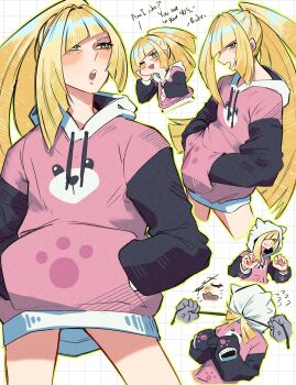 Rule 34 | 1girl, :o, ;d, absurdres, alternate costume, alternate hairstyle, andrich galam, bewear, blonde hair, commentary, english commentary, english text, gen 7 pokemon, green eyes, grid background, hair over one eye, hands in pockets, highres, hood, hoodie, long hair, long sleeves, looking at viewer, lusamine (pokemon), multiple views, nintendo, one eye closed, open mouth, pokemon, pokemon sm, ponytail, smile, very long hair