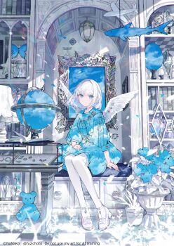 1girl blue_eyes breasts bug butterfly commentary_request dress fish flower fuzichoco globe highres insect lantern low_block_heels original pantyhose short_hair small_breasts toy watermark white_hair white_pantyhose white_wings wings