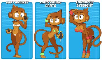 1girl :&gt; animal_ears animal_nose ankleband arm_up bare_shoulders barefoot bikini black_eyes bloons_tower_defense blue_background body_fur border breasts brown_eyes brown_fur character_name closed_mouth dart dart_monkey earrings english_text feet female_focus full_body furry furry_female green_bikini hand_up hands_up highres holding holding_dart jewelry large_breasts leaning_forward legs looking_to_the_side monkey_ears monkey_girl monkey_tail multiple_views navel open_mouth outside_border red_bikini shading_eyes shiny_skin single_earring small_breasts standing stomach string_bikini swimsuit tail thick_eyebrows thigh_strap thighs tiptoes two-tone_fur vixycore white_bikini white_border