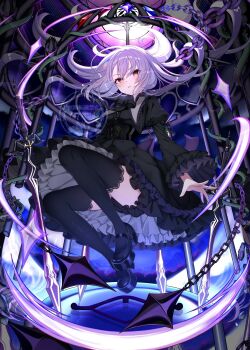 1girl black_bloomers black_dress bloomers broken broken_chain brown_eyes chain commentary_request cuffs dress floating_hair frilled_dress frills full_body gothic_lolita hair_between_eyes high_heels highres lolita_fashion long_hair long_sleeves looking_at_viewer ongeki scythe sen_chan_(akane1023) shackles shoes solo sumeragi_setsuna thighhighs underwear very_long_hair wide_sleeves wings