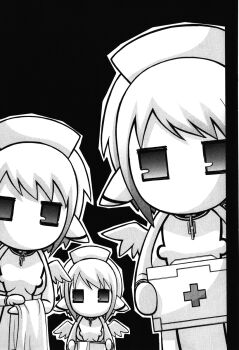 Rule 34 | 3girls, angel wings, black background, breasts, broken, broken chain, chain, chibi, chibi only, collar, cowboy shot, dress, greyscale, hat, highres, holding, holding first aid kit, holding towel, looking at viewer, metal collar, minazuki suu, monochrome, multiple girls, nurse cap, oregano (sora no otoshimono), robot ears, short hair, simple background, sleeveless, sleeveless dress, sora no otoshimono, standing, third-party source, towel, wings