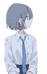 Rule 34 | 1girl, blue hair, blue necktie, blue skirt, blue theme, expressionless, highres, looking to the side, matsuda hikari, necktie, original, own hands together, pleated skirt, profile, shirt, short hair, simple background, skirt, solo, white background, white shirt