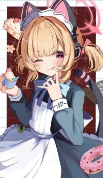 1girl absurdres animal_ear_headphones animal_ears apron black_dress black_tail blonde_hair blue_archive blue_ribbon blush borrowed_clothes bow cake cake_slice candy cat_ear_headphones cat_ears cat_tail chocolate chocolate_bar commentary cupcake dessert donut dress eyelashes fake_animal_ears fake_tail fingernails flower food frilled_dress frills fruit hair_bow halo hand_up headphones heart highres holding holding_food icing licking_lips long_sleeves looking_at_viewer maid maid_apron maid_headdress momoi_(blue_archive) momoi_(maid)_(blue_archive) official_alternate_costume official_alternate_hairstyle one_eye_closed pink_bow pink_donut pink_eyes pink_halo pink_nails ribbon short_hair short_twintails solo sparkle spiral_(udon) strawberry tail tongue tongue_out twintails upper_body v-shaped_eyebrows virtual_pet_(toy) white_apron yellow_flower