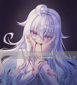 1boy 1girl ahoge biting biting_another's_hand black_background character_request commission copyright_request grey_hair highres long_hair pov purple_eyes shirt simple_background solo_focus tubering twitter_username upper_body white_shirt