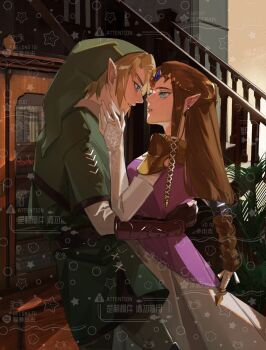 1boy 1girl armor blonde_hair blue_eyes braid breasts brown_hair commentary_request cowboy_shot dress earrings green_hair green_tunic hand_on_another's_cheek hand_on_another's_face highres indoors jewelry link long_dress looking_at_another medium_breasts miushuey nintendo parted_bangs parted_lips phrygian_cap pointy_ears princess_zelda shirt shoulder_armor sidelocks single_braid stairs the_legend_of_zelda the_legend_of_zelda:_twilight_princess tiara tunic watermark white_shirt white_sleeves